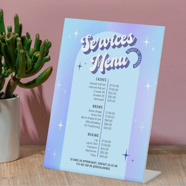 Menü "Retro Blue Lila Makeup Salon Wellness-Center Sockelschild (Trendy business price list with groovy fonts and modern blue and purple gradient background design)
