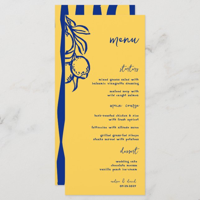 Menu Retro Hand Drawn Handwritten Blue Italian Wedding (Devant / Derrière)