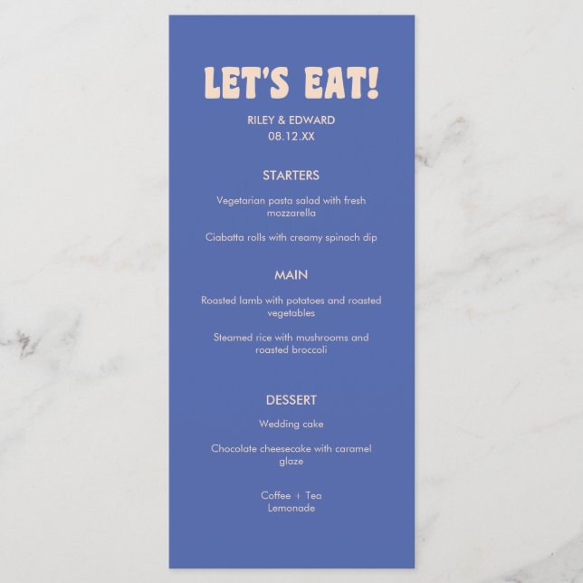 Menu Retro Modern Dark Blue Beige "Let's Eat!" Wedding (Devant)