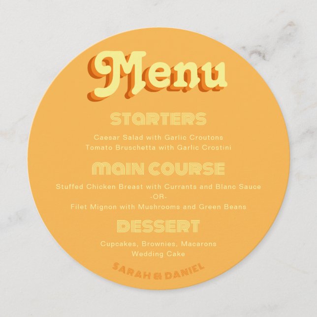 Menu Retro Super les années 70 orange jaune Mariage Men (Devant)