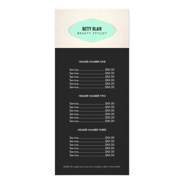 Menü "Retro Turquoise and Gold Plaque Price List" (Vorne)