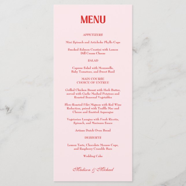 Menu Retro Valentine Wedding Photo Red Pink (Devant)