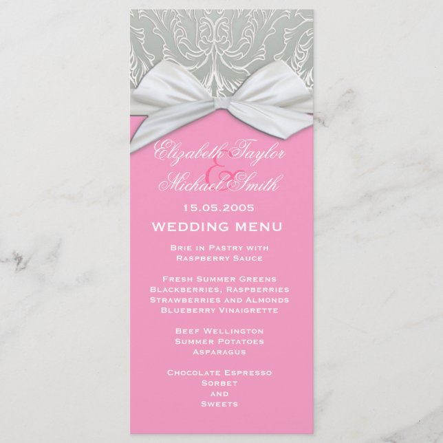 Menu Ribbon de luxe Silver/Pink Mariage damassé (Devant)