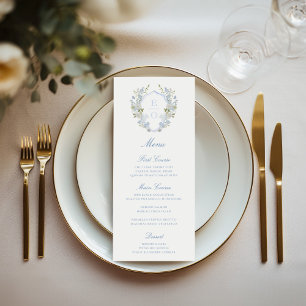 Menu Romantic Bleu Doux Vintage Monogram Crest Mariage