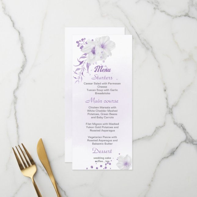 menu romantique & blanc violet mariage à fleurs (Devant/Arrière en situation)