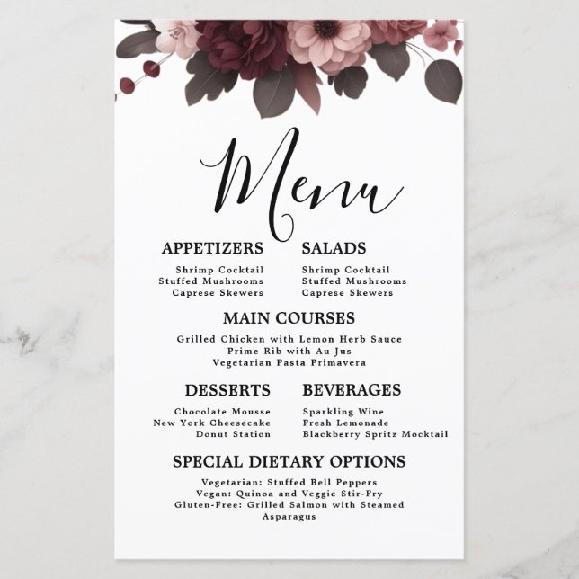 Menu Romantique Blush Rose Bourgogne Floral Mariag (Devant)