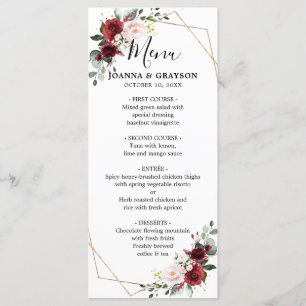 Menu Romantique Bourgogne Rouge Blush Rose Floral Géomé
