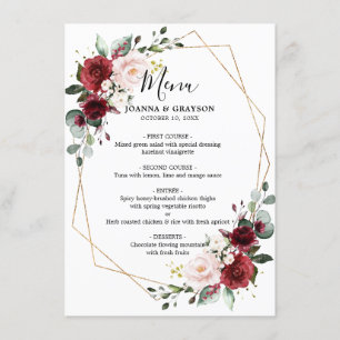 Menu Romantique Bourgogne Rouge Blush Rose Floral Géomé