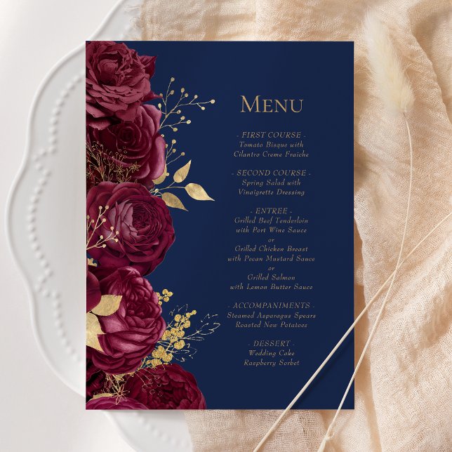 Menu Romantique Burgundy Gold Navy Mariage floral bleu (Créateur téléchargé)