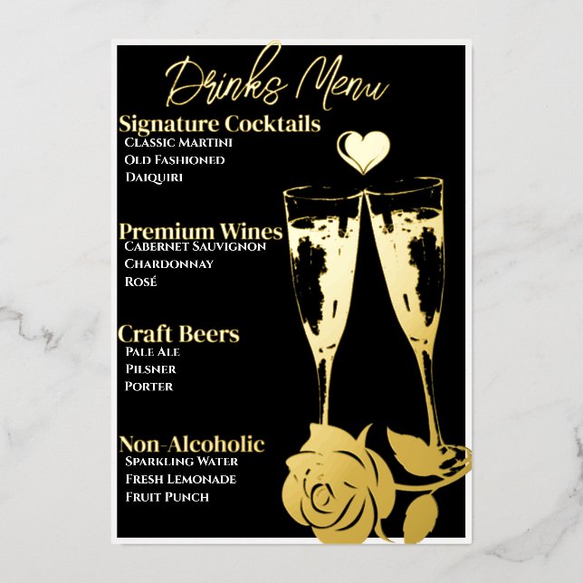 Menu Romantique Gold Foiled Cocktail Party Bar Men (Recto)