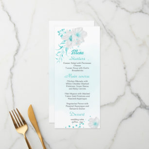Menu romantique turquoise blanc mariage à fleurs