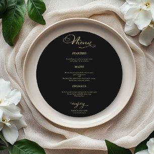 Menu Rond de Mariage Élégant Feuille d'Or Noir