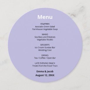 Menu Rond de Mariage Moderne Violet Clair