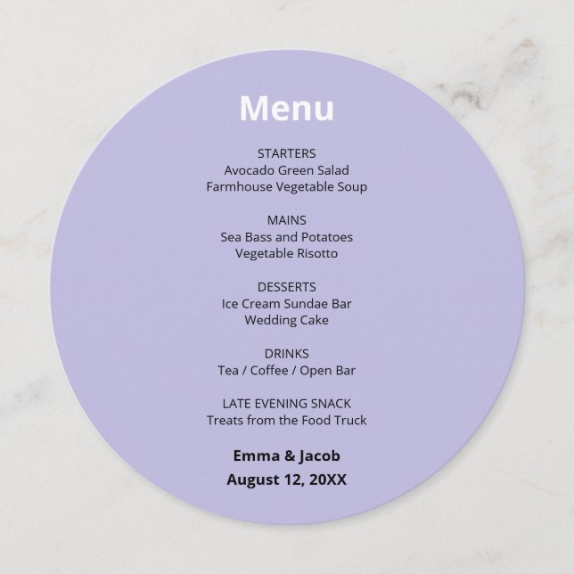 Menu Rond de Mariage Moderne Violet Clair (Devant)