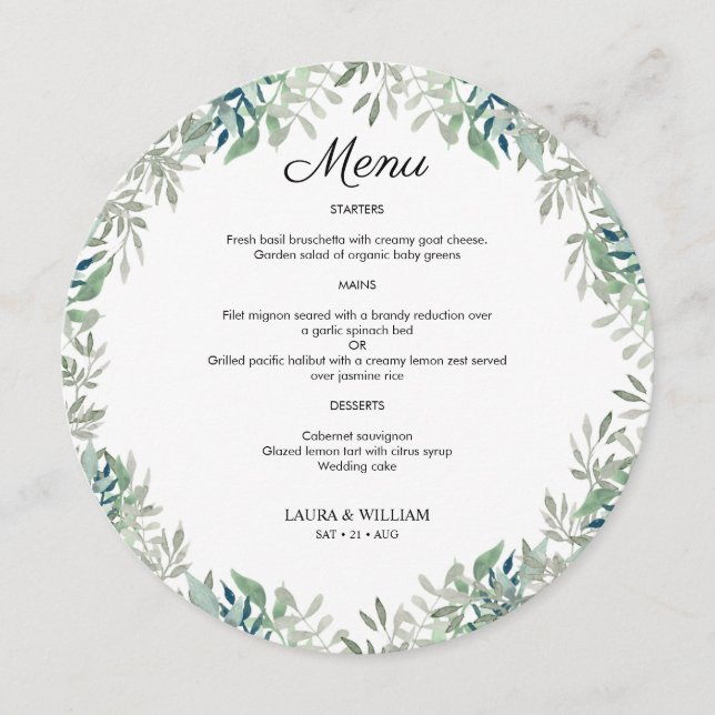 Menu Ronde Mariage Feuille Verdoyant Pour Assiette (Devant)