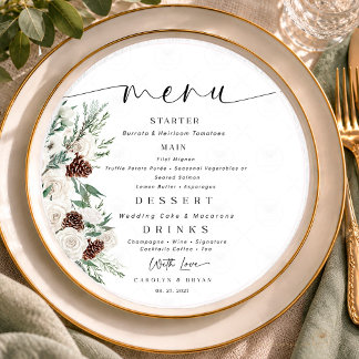 Menu Rose blanche d'hiver Épinette verte Cône de pin po
