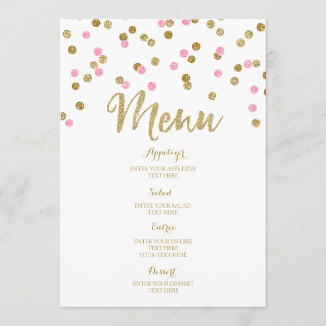 Menu rose-clair de mariage de confettis d'or (Devant)