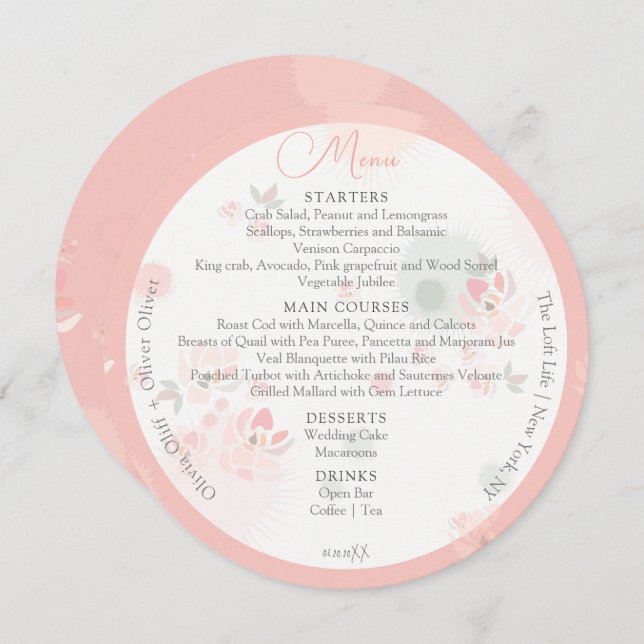 Menu Rose de thé de douceur Cercle Mariage (Devant / Derrière)