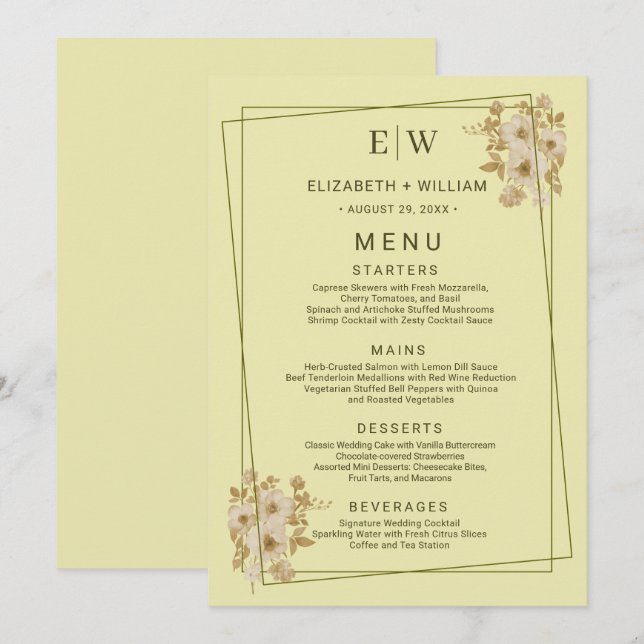 Menu Rose Frame – Monogram Celestial Yellow Wedding (Devant / Derrière)