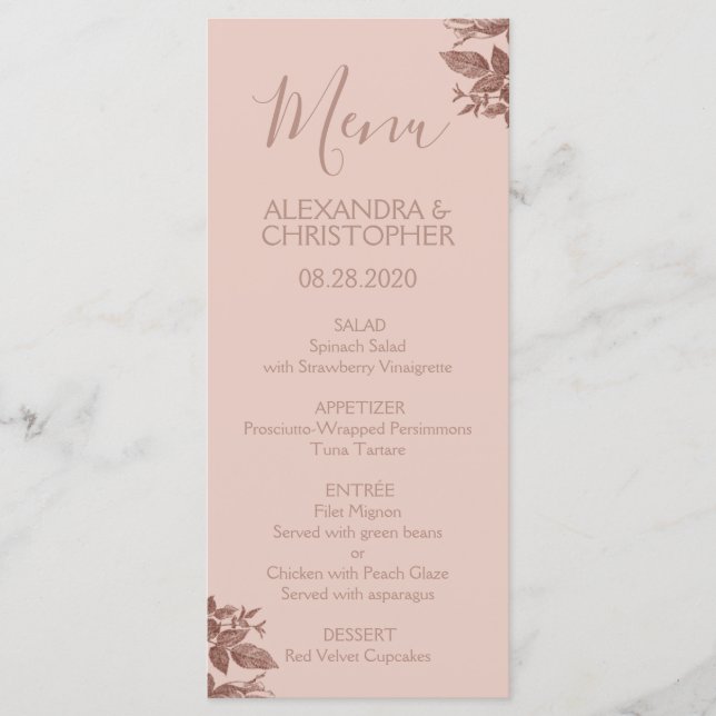Menu rose Gold Blush Rose Floral Élégant Mariage (Devant)