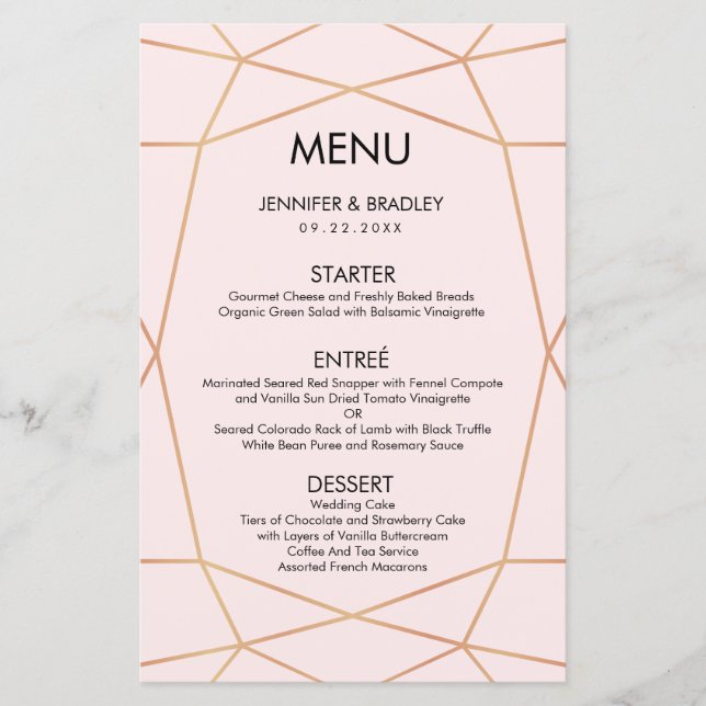 Menu Rose Gold Géométrique | Couleur personnalisée (Devant)