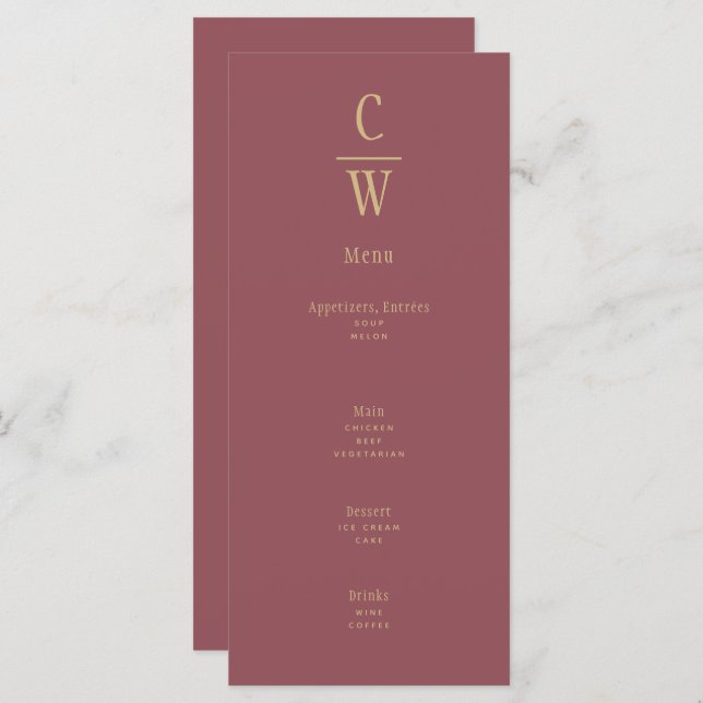 Menu Rose moderne Pink Gold Mariage Monogramme (Devant / Derrière)