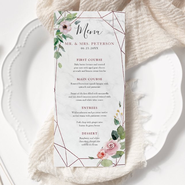 Menu Rose or géométrique Boho Floral Aquarelle Mariage (Créateur téléchargé)