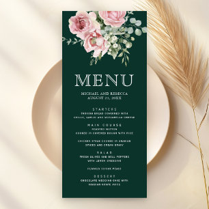 Menu Rose Pâle Floral Eucalyptus Vert Émeraude Mariage