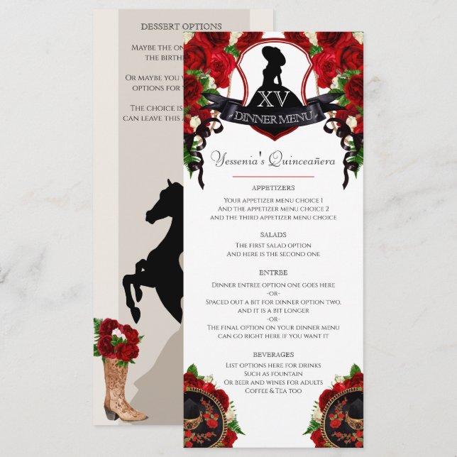 Menu Rose rouge Elégante Mariachi Charro Quinceanera (Devant / Derrière)