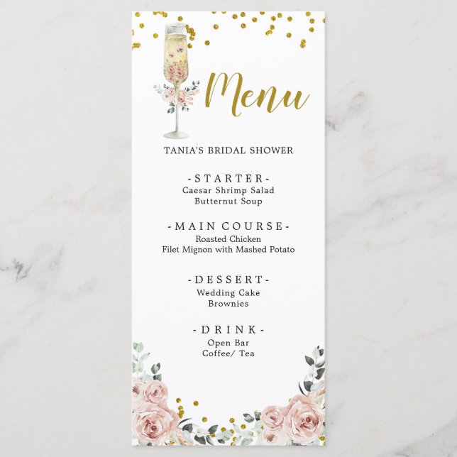 Menü "Rose Soiree Brautparty" in Gold und Rosa Menükarte (Vorderseite)
