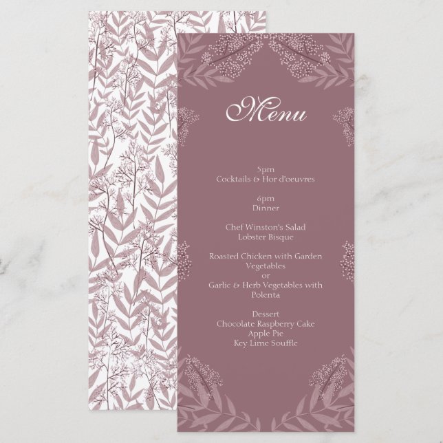 Menu Rose Taupe Mariage Vintage Botanique (Devant / Derrière)