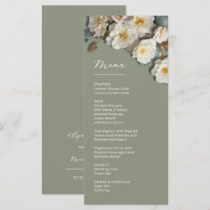Menu Roses blanches 3D sur fond vert sauge