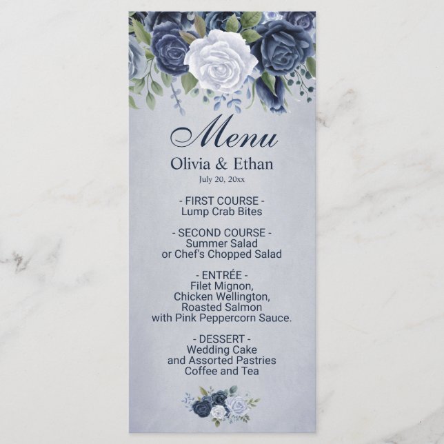 Menu Roses d'aquarelle bleu vintage (Devant)
