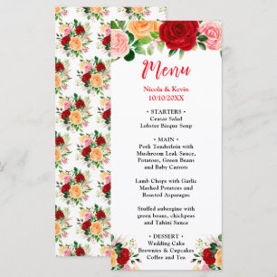 Menu Roses Florales RomantiquesMariage Rouge et Orange