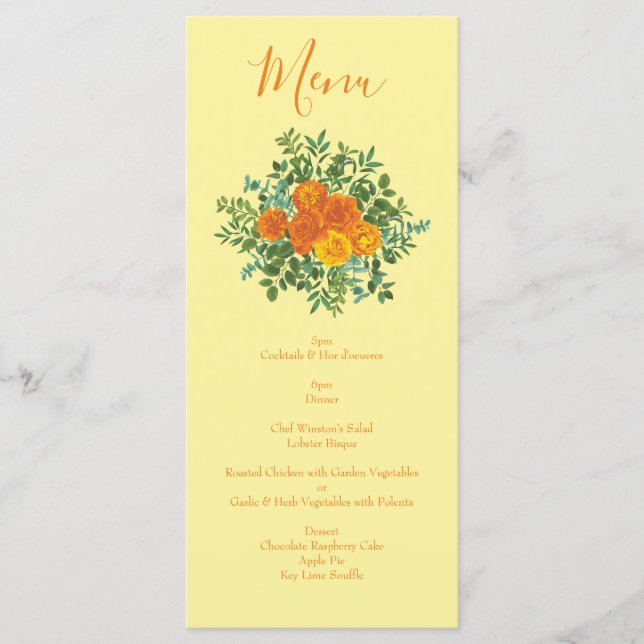 Menu Roses floraux de Mariage orange jaune (Devant)