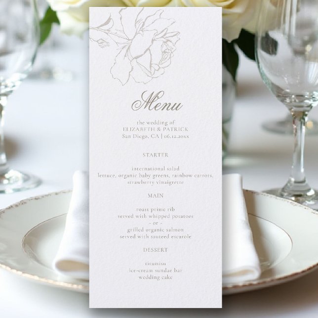Menu Roses Formal Modern Classic Pearl Elegant Wedding (ethereal wedding theme white table menu formal traditional modern classic floral roses elevated)