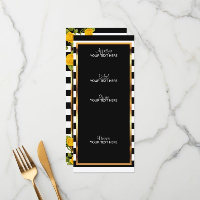 Menu Roses jaunes sur bandes noires et blanches (Devant/Arrière en situation)