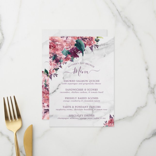 Menu Roses roses roses Florales Marbre Mères Fête Brunc (Devant/Arrière en situation)
