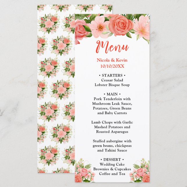 Menu Roses rouges corail avec feuillage (Devant / Derrière)