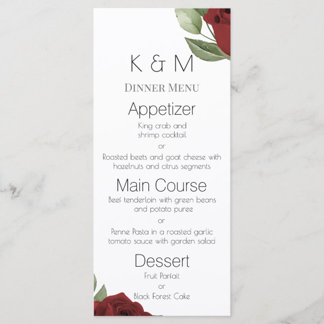 Menu Roses Rouges Élégantes sur Fond Blanc (Devant)