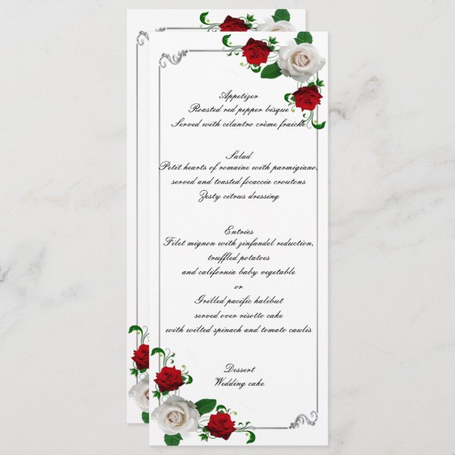 Menu Roses rouges et blanches Mariage de Noël (Devant / Derrière)