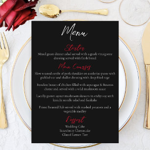Menu Roses rouges Mariage noir blanc