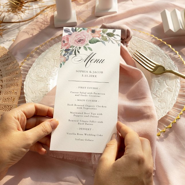 Menu Roses subtils d'aquarelle | Fleurs de mariage (Créateur téléchargé)