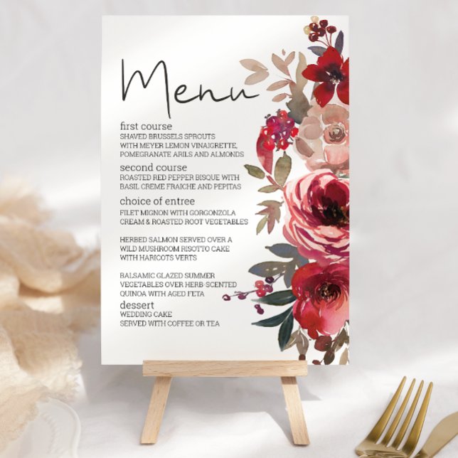 Menu Rouge Blush Floral Roses Mariage romantique (Créateur téléchargé)