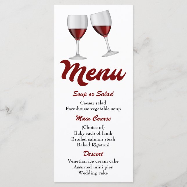 Menu Rouge Bourgogne Vins Verres de mariage (Devant)