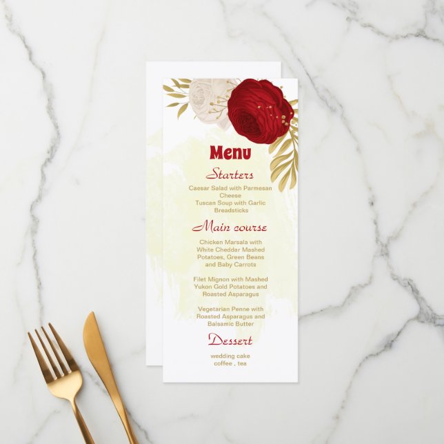 Menu rouge foncé & fleurs blanches or botanique mariage (Devant/Arrière en situation)