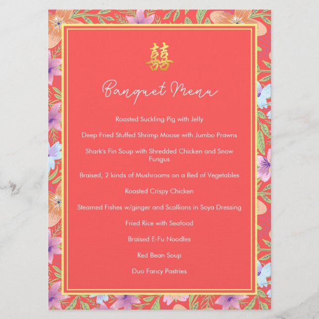 Menu Rouge Peranakan floral double xi mariage chinois (Devant)