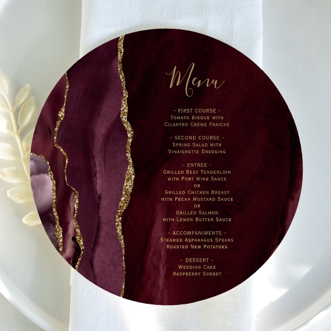 Menu Round Burgundy Gold Agate Wedding (Créateur téléchargé)
