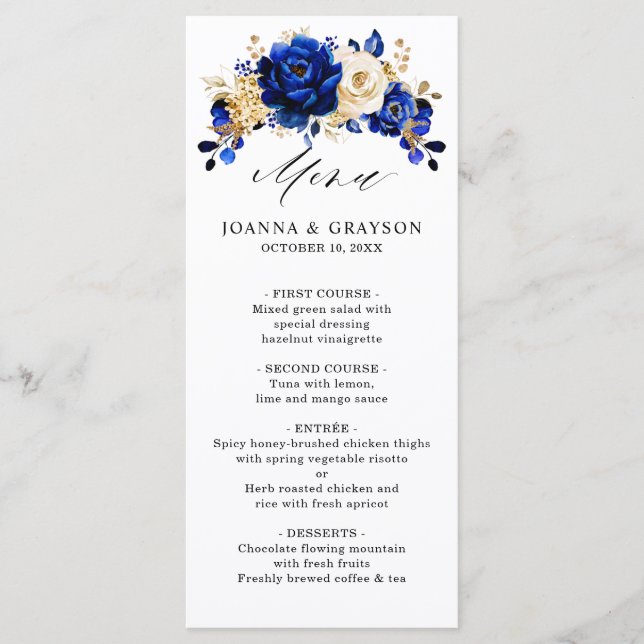 Menu Royal Bleu Jaune Or Mariage métallique Floral (Devant)