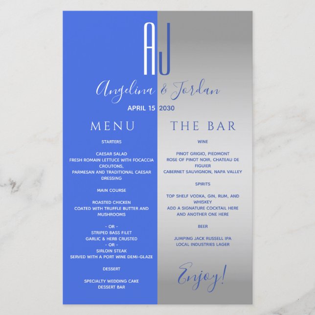 Menu Royal Blue Mariage Bar (Devant)